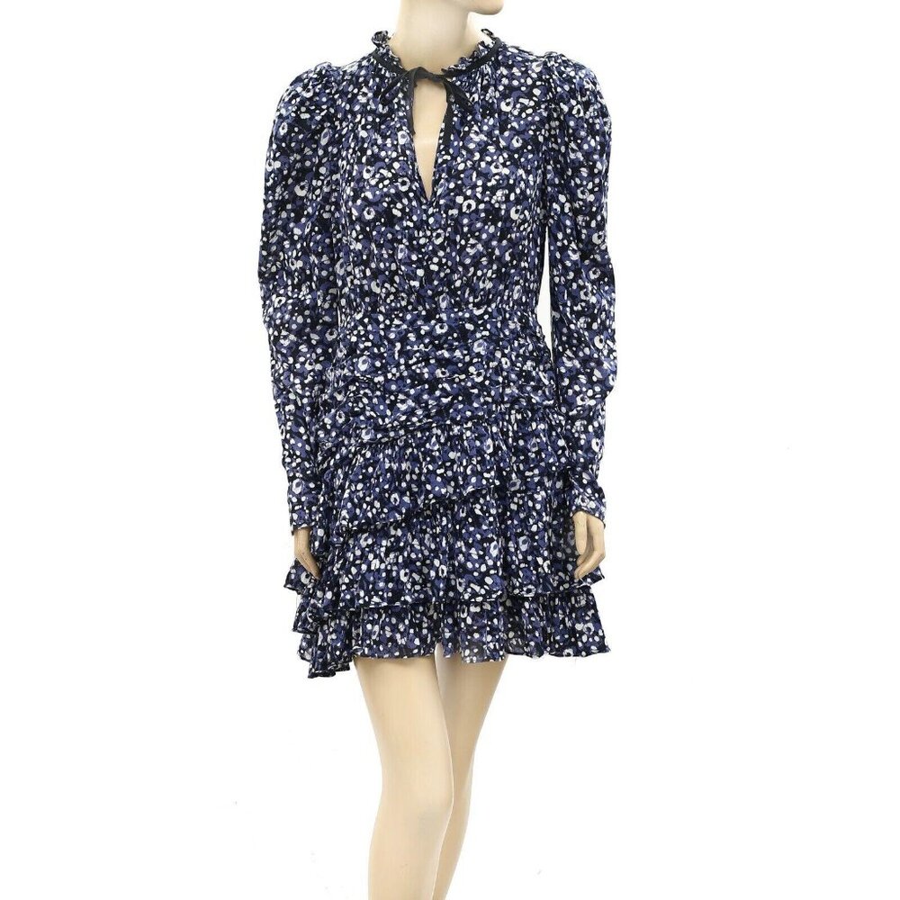 Ulla Johnson Printed Mini Dress Ruffle Cotton Resort Puff Sleeve Indigo S